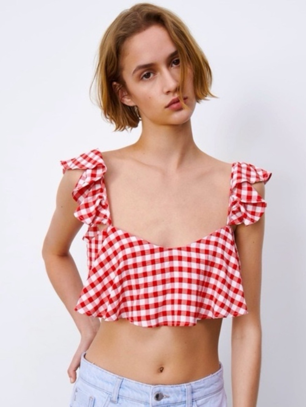 Zara Red and White Gingham Ruffle Crop Top